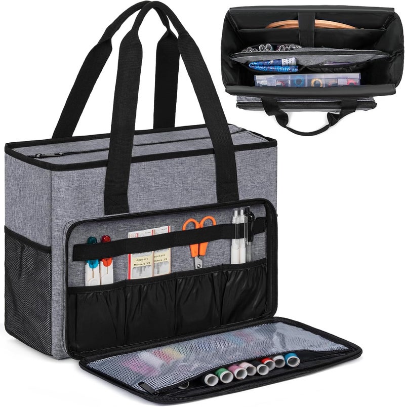 GMAK Embroidery Storage Bag, Embroidery Project Carrying Bags for Embroidery Kit/Cross Stitch Supplies/Stitch Tools Kit, Embroidery Supplies Storage Tote Case with Multiple Pockets, Bag Only, Grey - Image 1